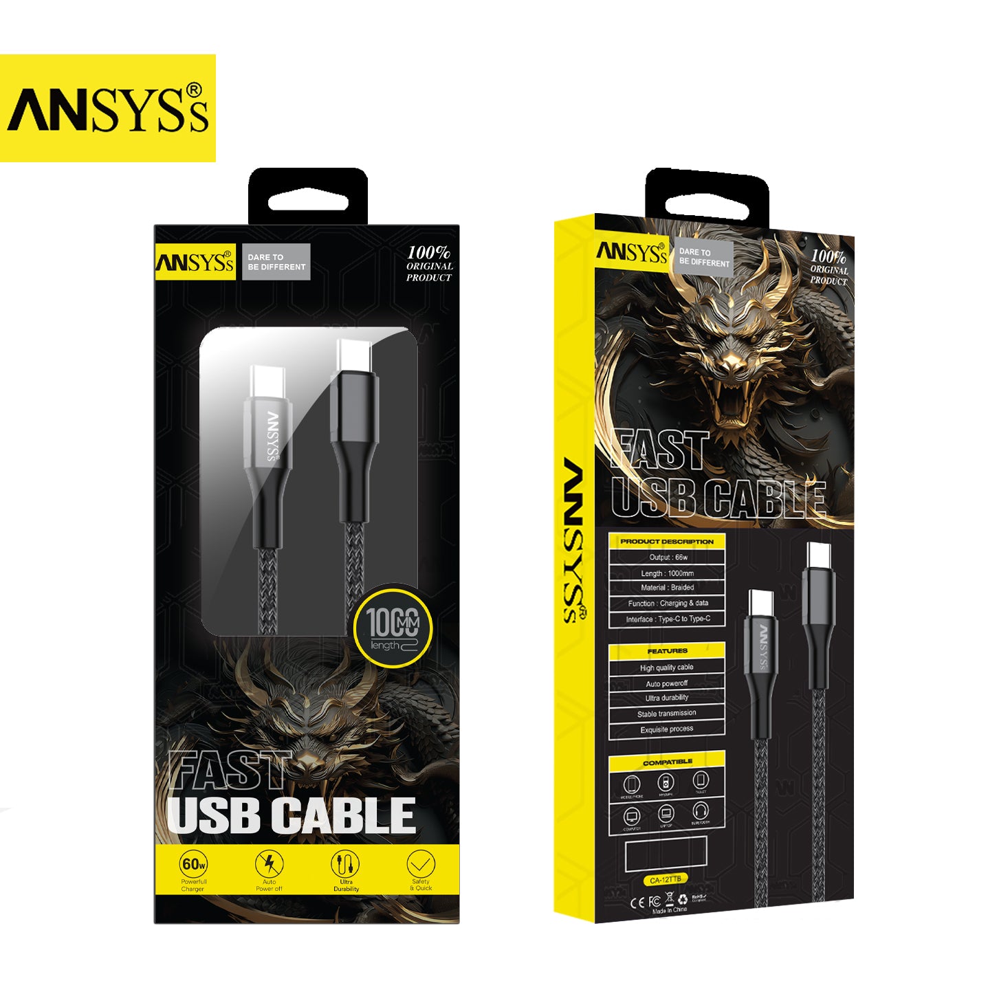 C to C Cable CA-12TTB Black 60W 1M