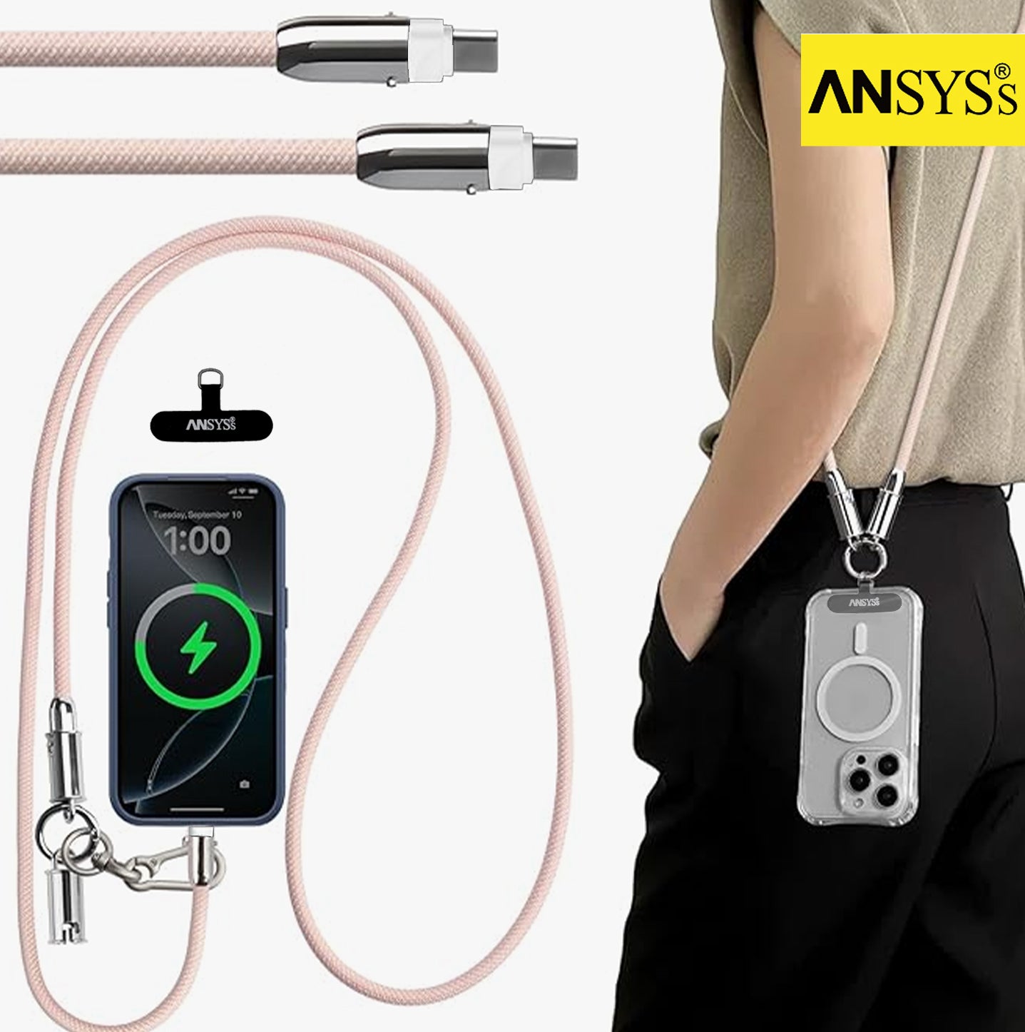 2-in-1 1.2M Phone Lanyard Built in Cable 5A 60W